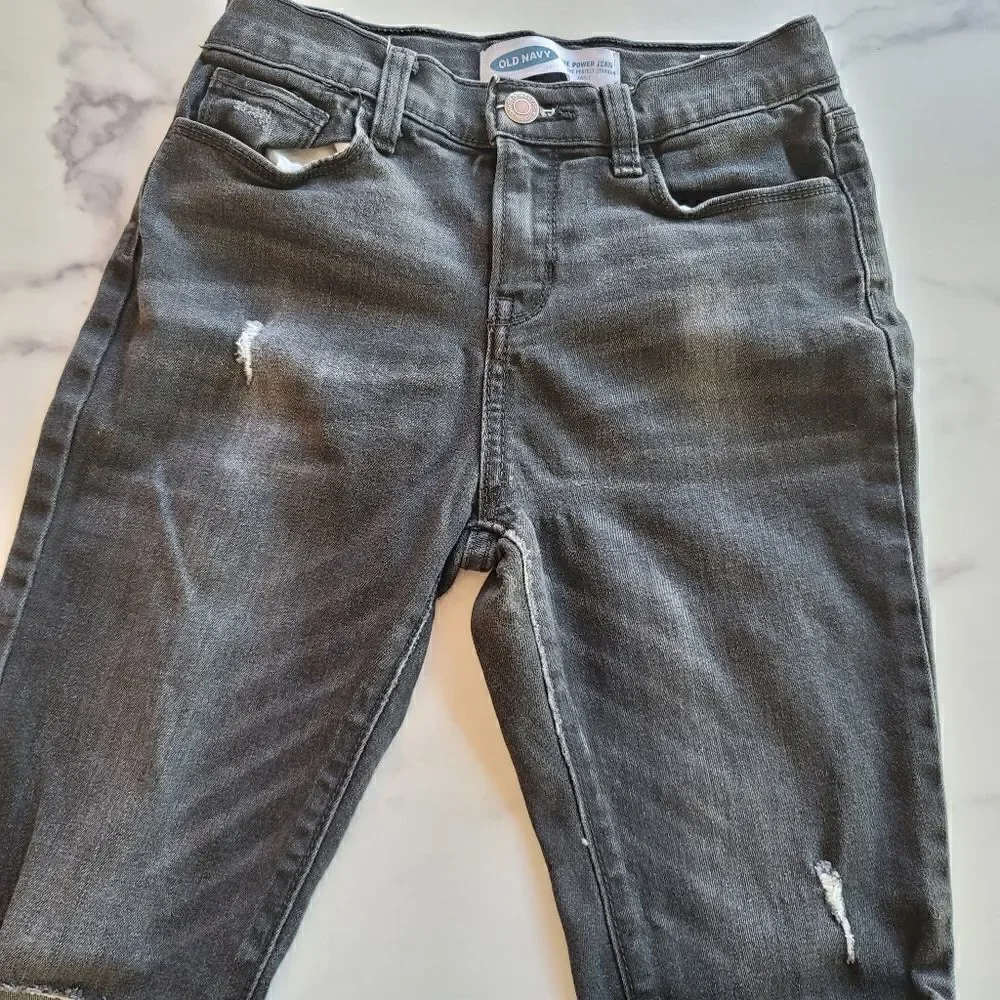 Old Navy power jean Perfect straught ankle girls youth 12 black raw hem